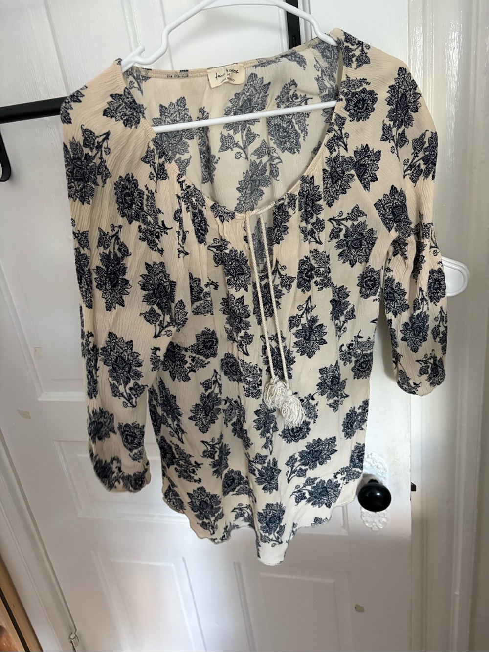 Cream Tunic with Navy Floral Print and Tassel Tie
